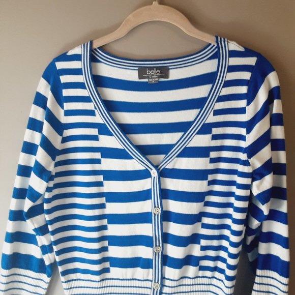 Belldini Striped Cardigan, V-neck, 3/4 Sleeve, Royal Blue & White | Medium - Picture 2 of 14